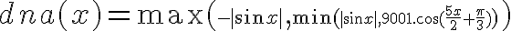 \Huge dna(x)=\max(\Large -|\sin x|\Huge ,\Large \min(\large |\sin x|\Large ,\large 9001.\cos(\frac{5x}{2}+\frac{\pi}{2})\Large )\Huge )
